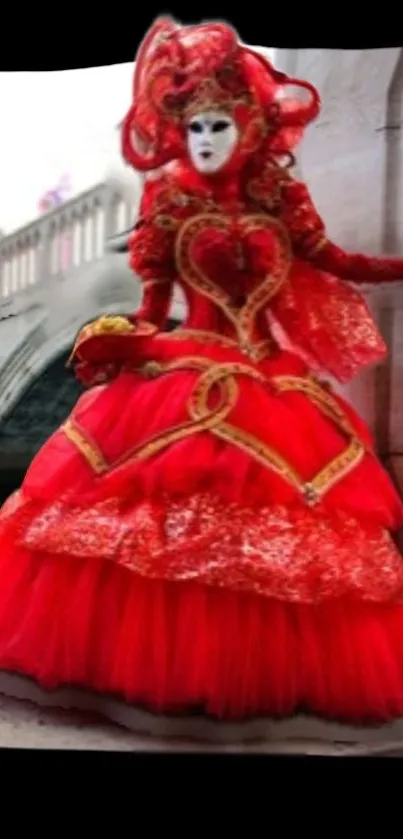 Venetian mask figure in red costume by a bridge.