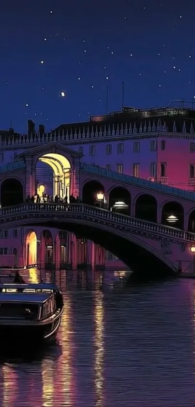 Rialto Bridge at night with stellar reflections on a peaceful Venetian canal.