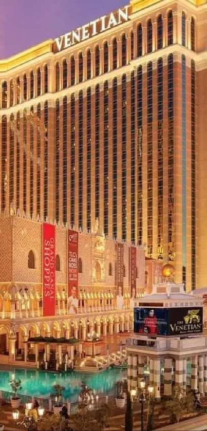 The Venetian Resort at night glowing with vibrant lights in Las Vegas.