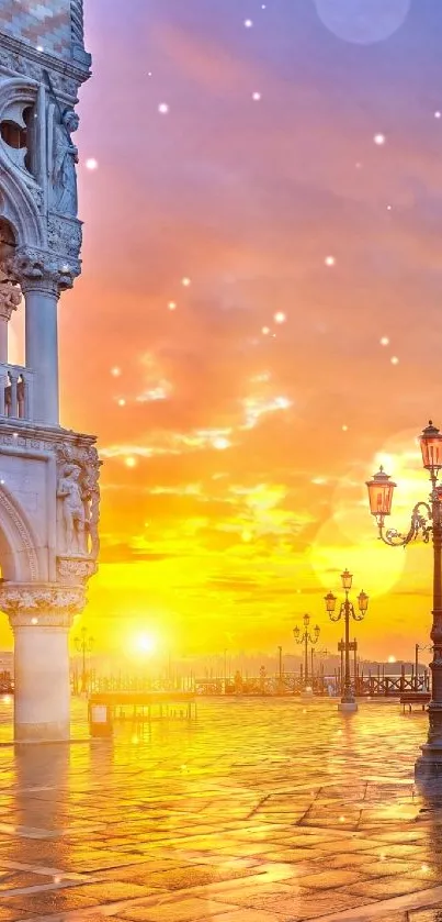 Venetian sunrise casting a glow on historic architecture.