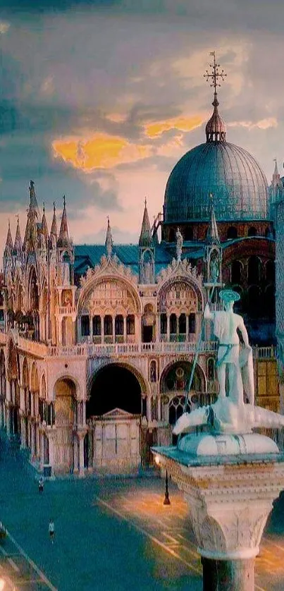 Venetian architecture at sunset with a view of domes and statues.