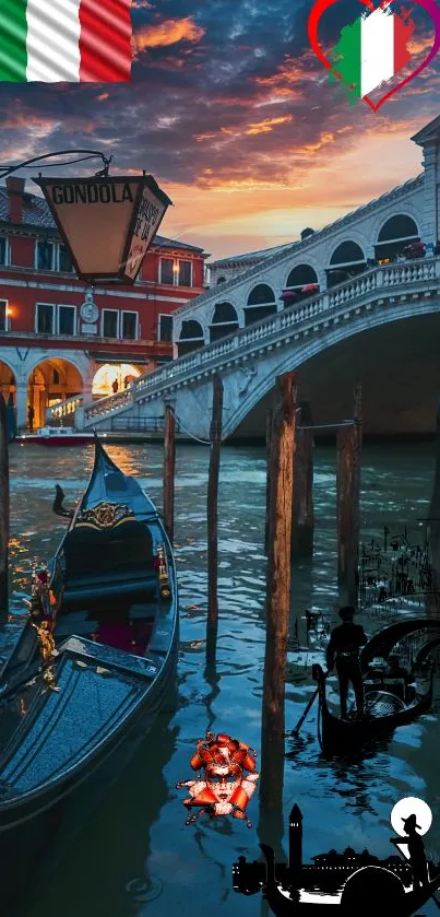 Venetian sunset with gondola and bridge, Italian flag detail.