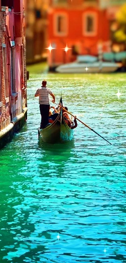 Gondola glides through a teal Venetian canal.