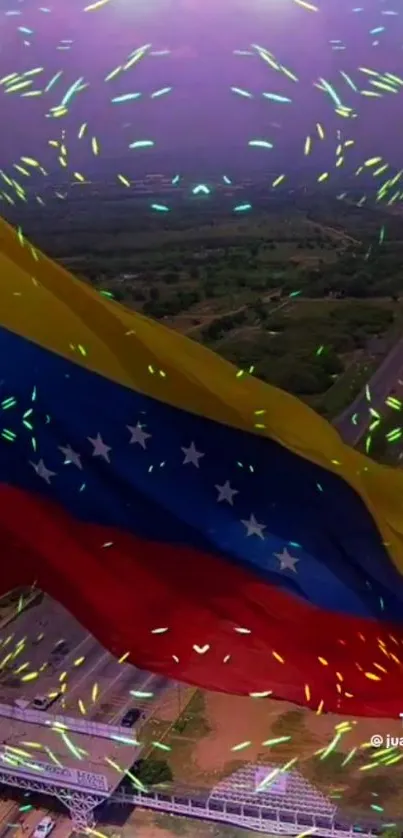 Venezuelan flag with scenic aerial view.