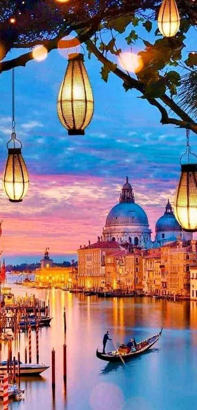 Venice canal at sunset with glowing lanterns.