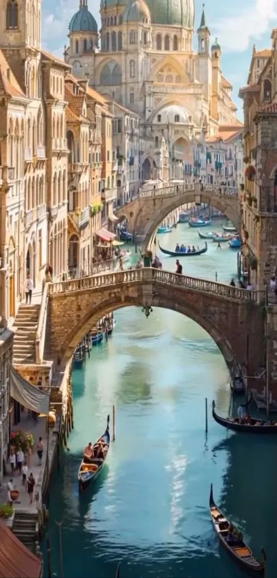 Scenic view of Venice canal with gondolas and bridges.