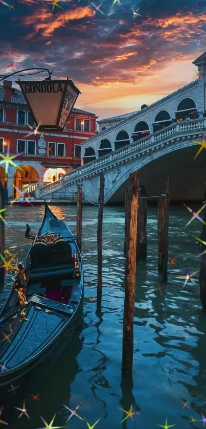 Venice gondola at sunset with bridge and colorful sky.