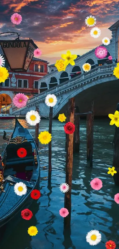 Gondola in Venice with flowers and sunset.