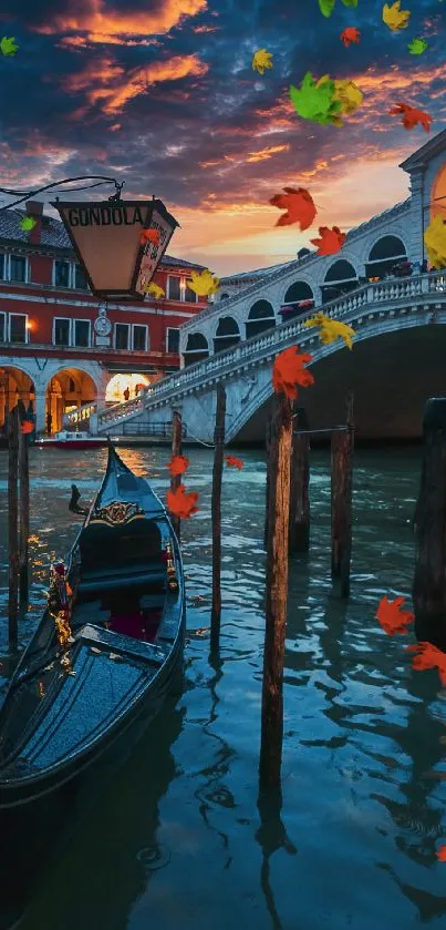 Venice Rialto Bridge and gondola at sunrise.