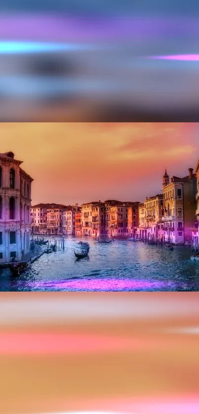 Vibrant sunset over Venice canal with historic buildings.