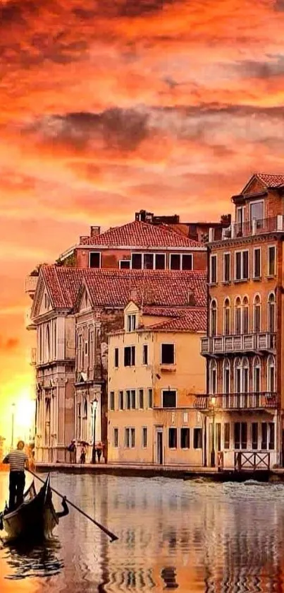 Venice gondola on a sunset-lit canal with vivid orange skies.