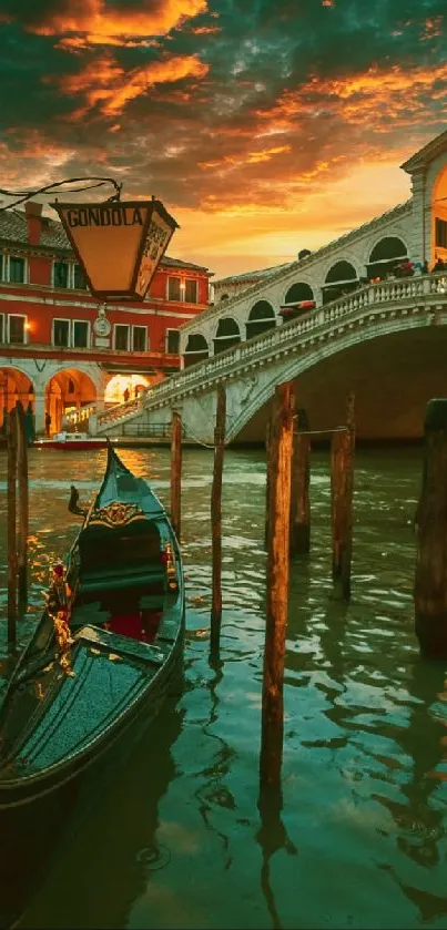 Venice canal at sunset with gondola and bridge.