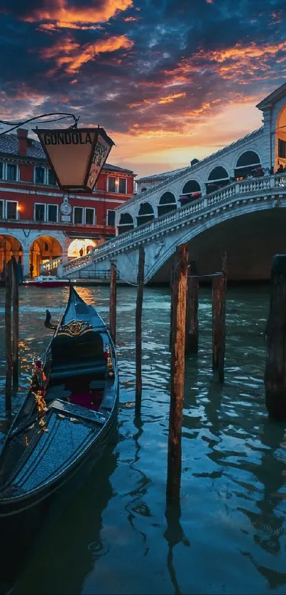 Venice sunset featuring Rialto Bridge and gondola in vibrant hues.