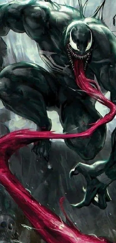 Intense Venom symbiote graphic with long red tongue.