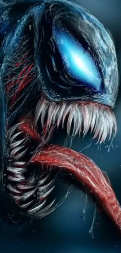 Dark, detailed creature with glowing blue eyes and a long tongue.