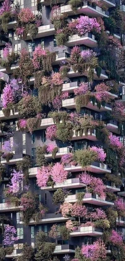 Mobile wallpaper of a vertical garden building with vibrant pink and green foliage.