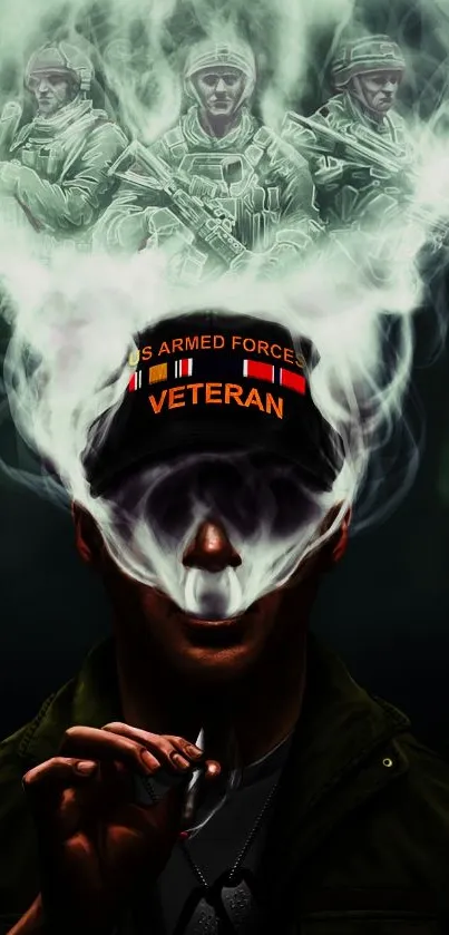 Veteran smoking with soldiers appearing from smoke, in dark artistic tones.