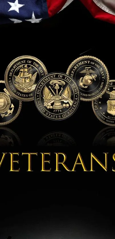 Patriotic veterans mobile wallpaper with military seals and soldier silhouettes.