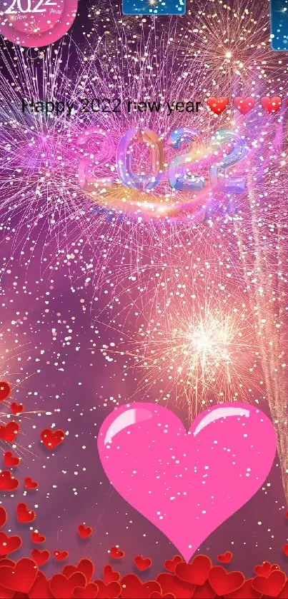 2022 New Year wallpaper with fireworks and hearts.