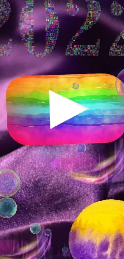 2022 colorful wallpaper with rainbow play button and bubbles.