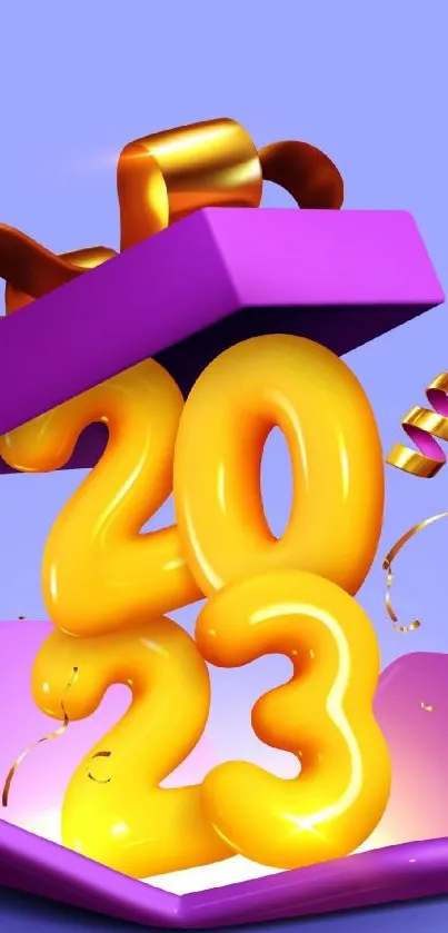 Vibrant 2023 wallpaper with golden numbers in 3D gift box.