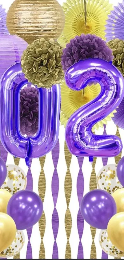 Festive 2023 wallpaper with purple and gold balloons and decorations.