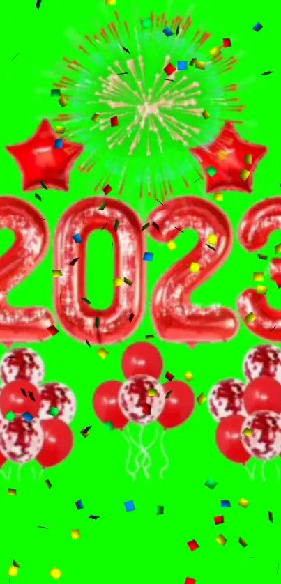 Festive 2023 wallpaper with balloons, fireworks, and confetti on bright green background.