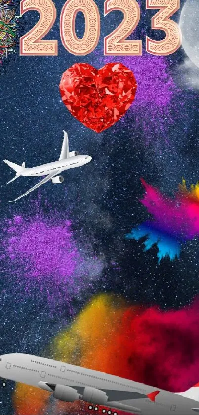 Vibrant 2023 fantasy wallpaper with stars and airplanes.
