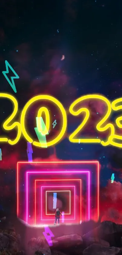 Neon 2023 wallpaper with cosmic background and vibrant colors.