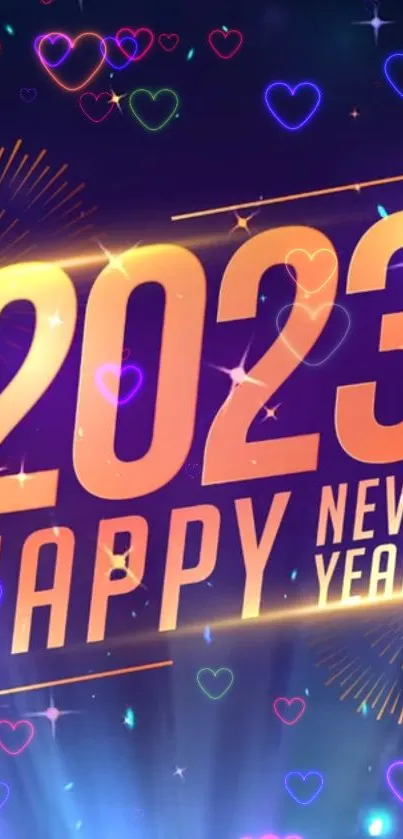 Happy New Year 2023 wallpaper with fireworks and vibrant colors.