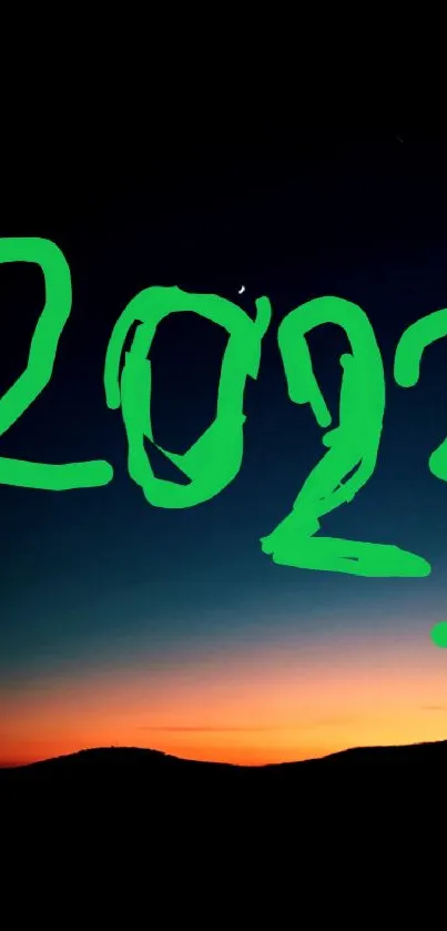 Dynamic 2023 sunset theme with green text overlay on mobile wallpaper.