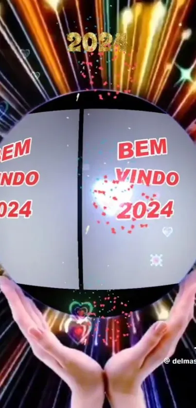 Hands hold a sphere with 'Bem Vindo 2024' amidst fireworks.