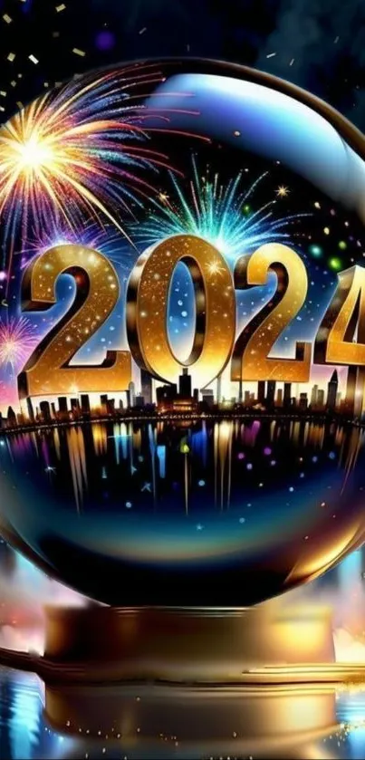 2024 city skyline with fireworks and vibrant colors on mobile wallpaper.