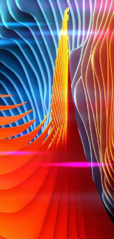 Vibrant 3D abstract mobile wallpaper with orange and blue dynamic waves.