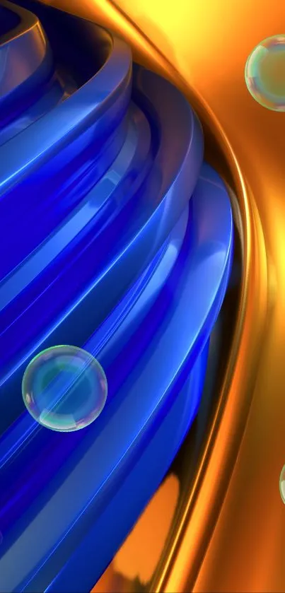 Vibrant 3D abstract wallpaper with blue and gold colors and floating bubbles.