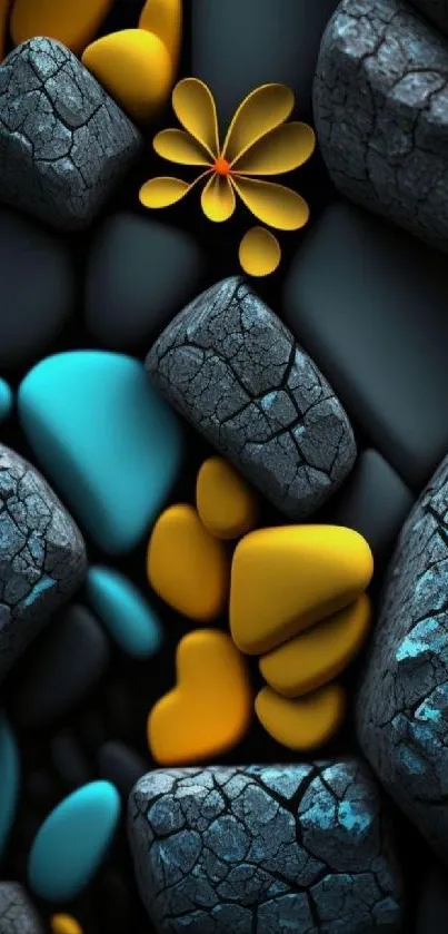 3D abstract stones wallpaper in blue and yellow, perfect for mobile backgrounds.