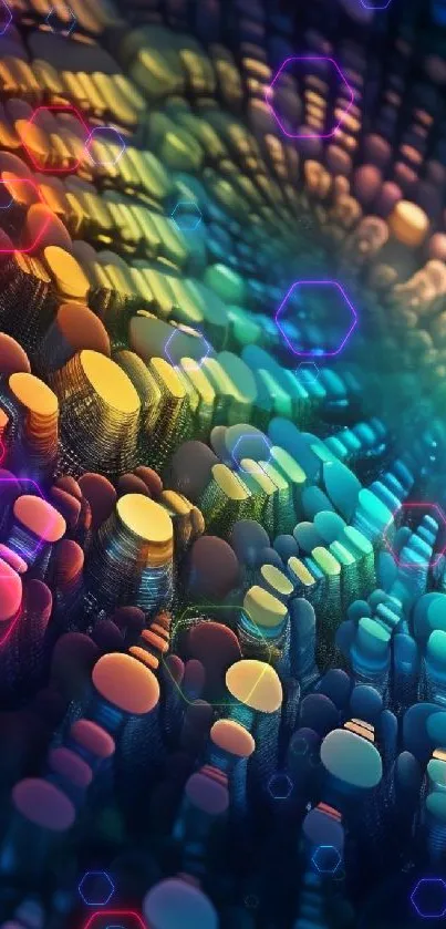 Vibrant 3D abstract wallpaper with colorful, glowing shapes.