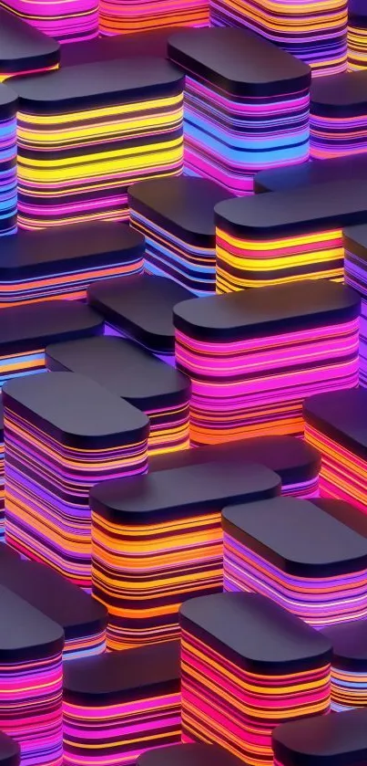 Vibrant 3D abstract wallpaper with colorful layered stacks.