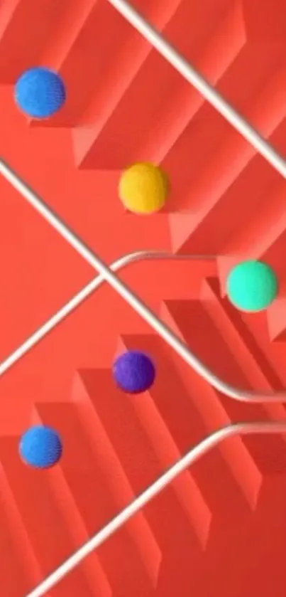 Colorful 3D balls on a red geometric background.