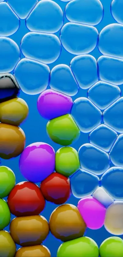 Colorful 3D bubble art on blue background.