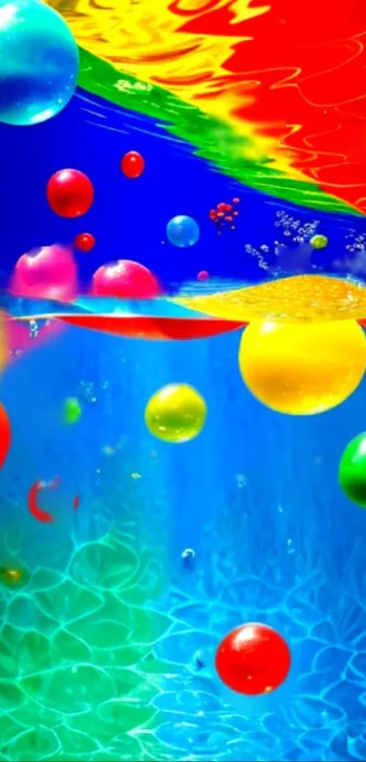 Vibrant 3D bubble wallpaper with colorful spheres on a blue background.