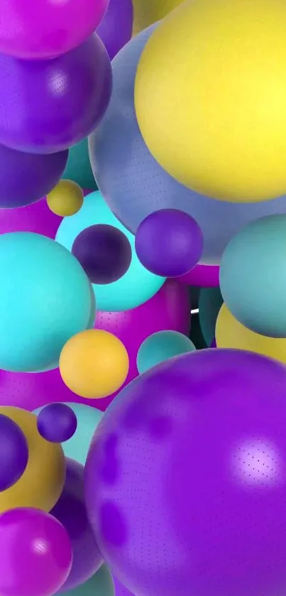 Vibrant 3D bubble wallpaper with purple, yellow, and teal spheres.