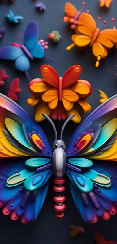 Vibrant 3D butterfly art wallpaper in vivid colors for mobile screens.