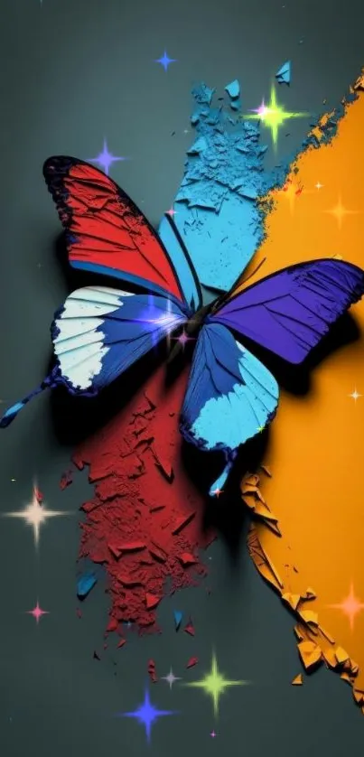 3D butterfly art on vibrant blue and orange wallpaper.