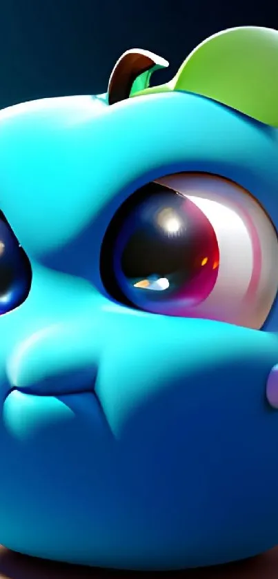 3D cartoon blue apple with large expressive eyes.