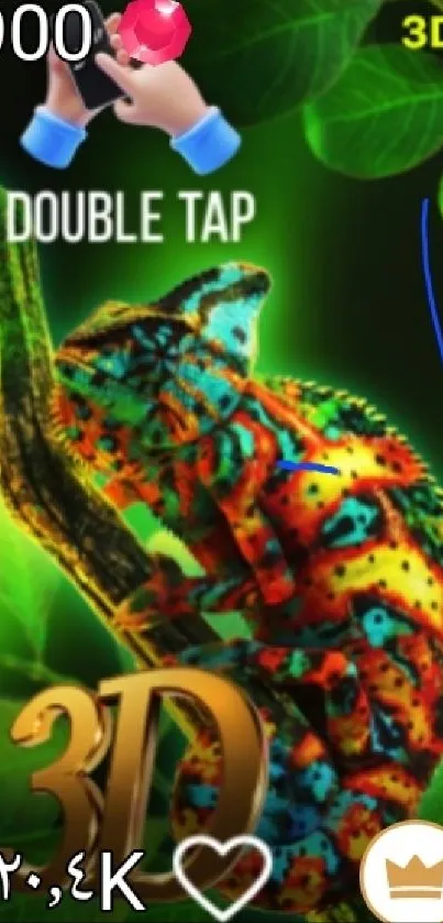 3D chameleon with vibrant colors on green leafy background.