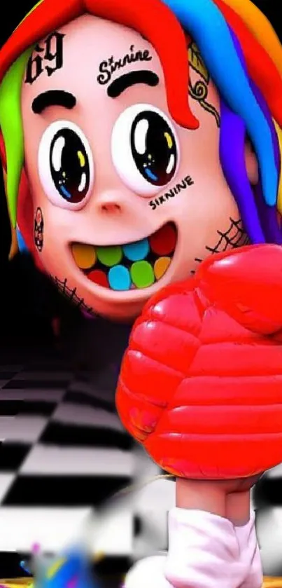 A vibrant 3D character with rainbow colors, set on a checkered background.