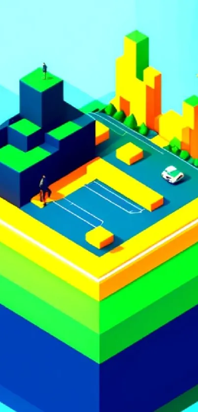 Colorful isometric cityscape with 3D geometric design in vibrant hues.