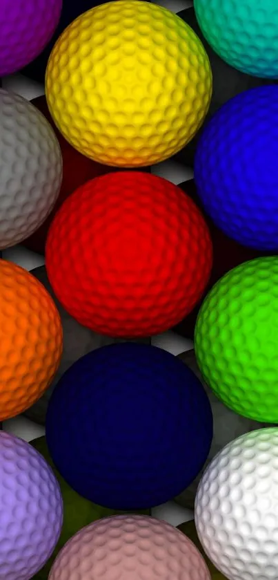 A vibrant 3D wallpaper featuring multi-colored golf balls in a dynamic pattern.