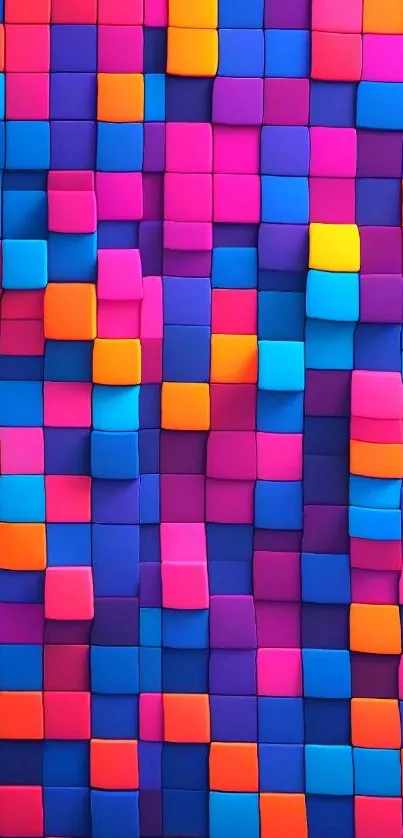 3D colorful blocks wallpaper with pink, blue, and orange cubes.